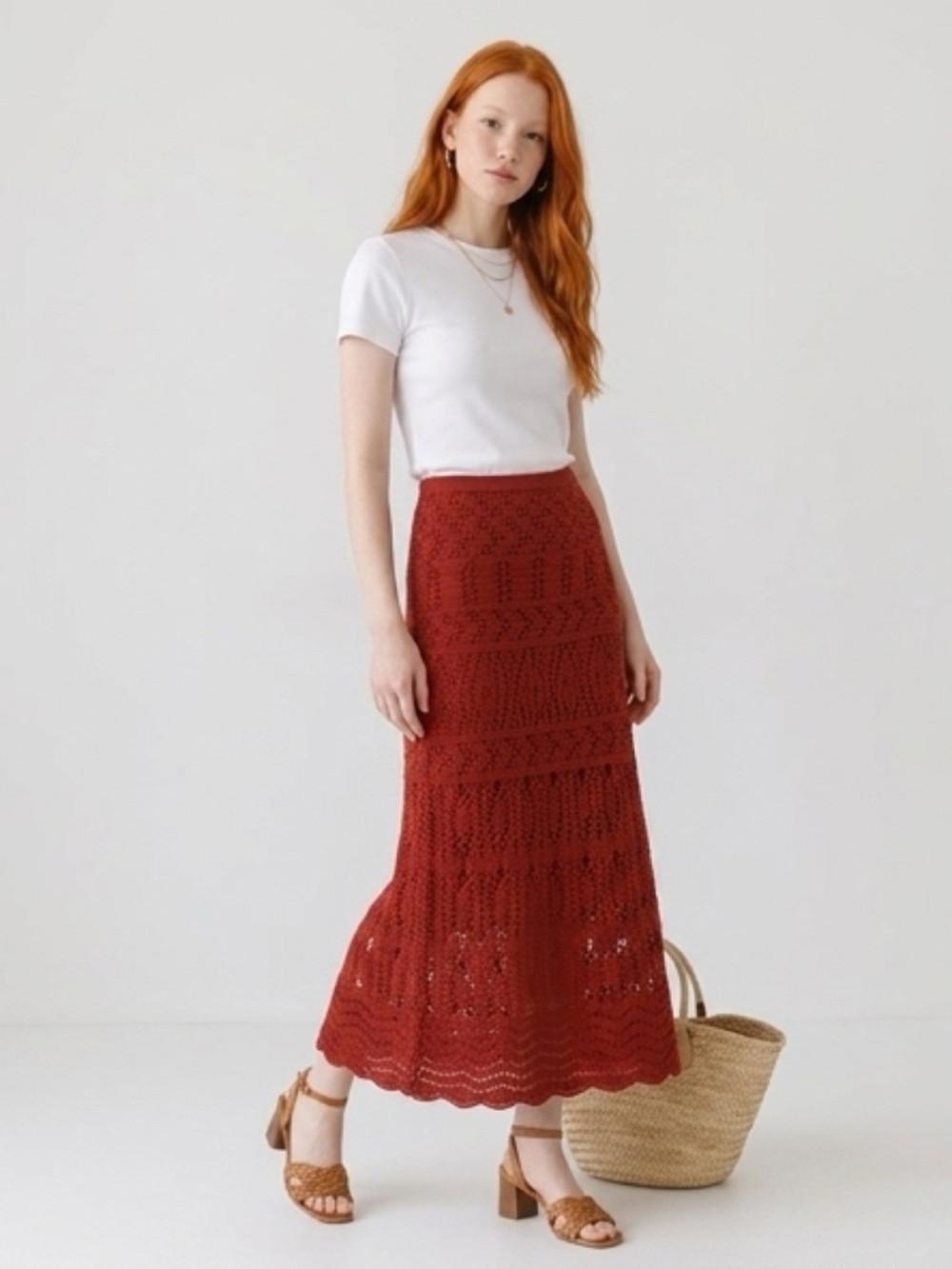 Women's Crochet Maxi Skirt in Rust/ Brick.